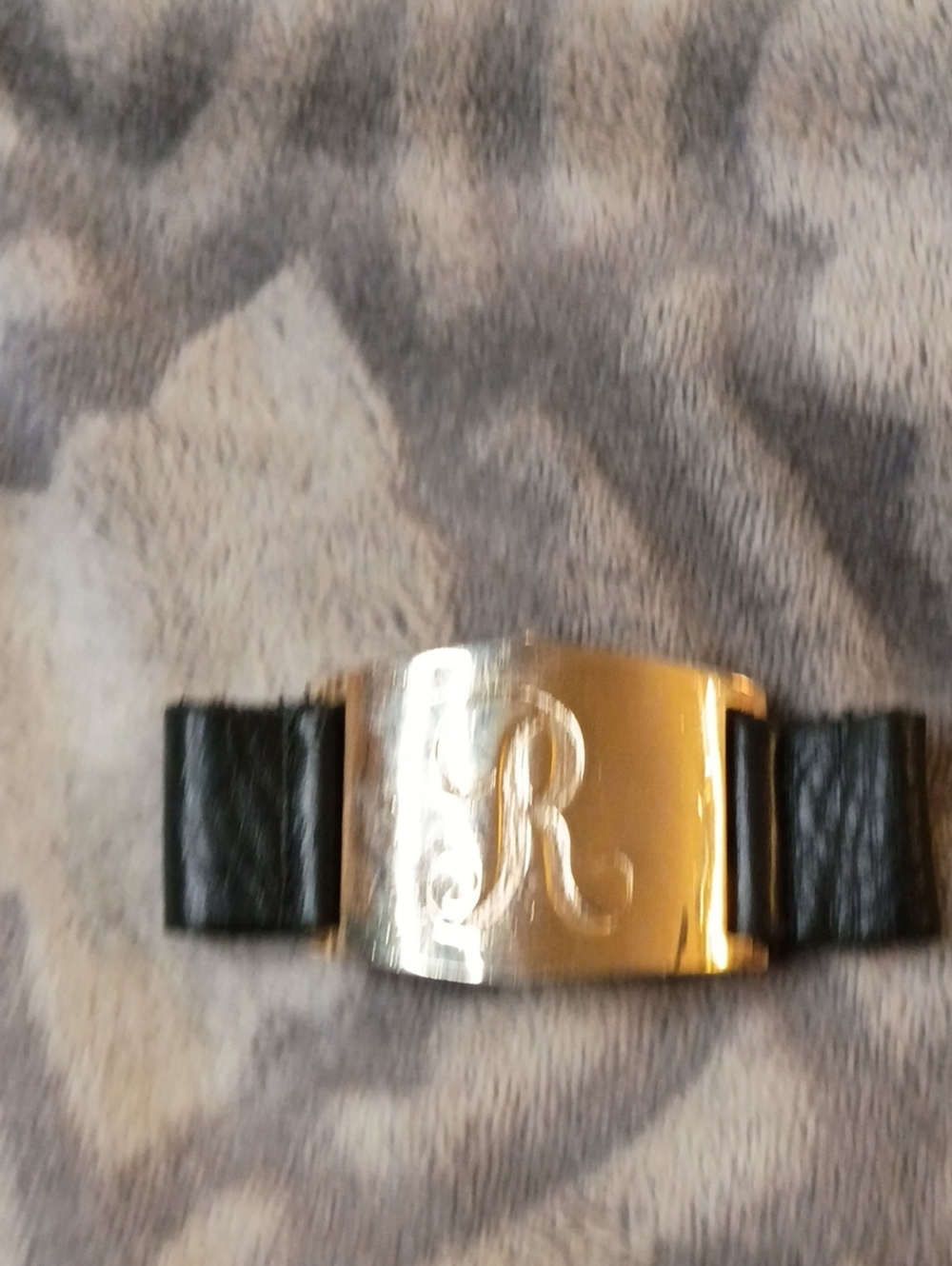 Lisa Stewart Monogrammed Gold Plate Black Leather Bracelet